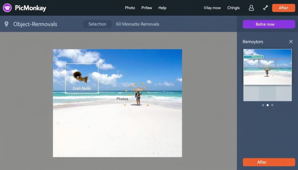 PicMonkey's interface showing AI object removal tool in action and AI photo editing tools comparison PicMonkey's interface showing AI object removal tool in action and AI photo editing tools comparison