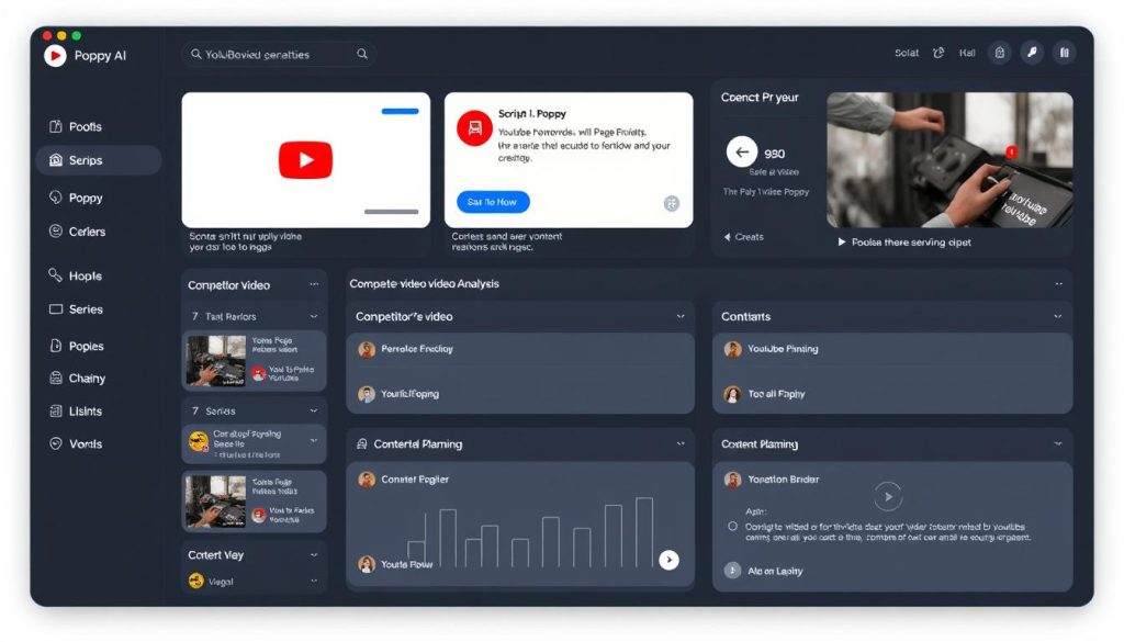 Poppy AI interface showing YouTube video script generation and competitor analysis