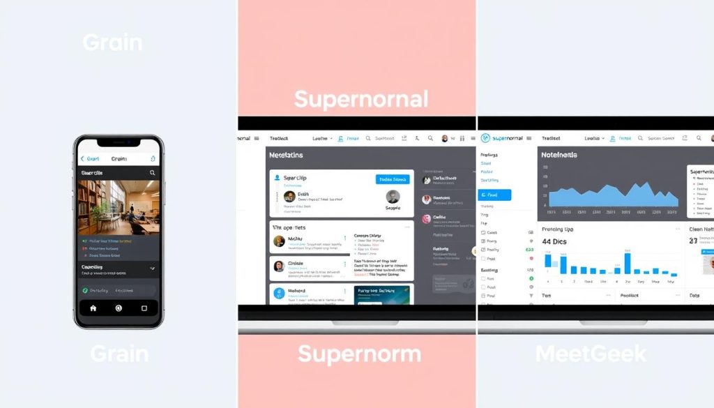 Side-by-side comparison of Grain, Supernormal, and MeetGeek interfaces highlighting differences in AI meeting assistants comparison