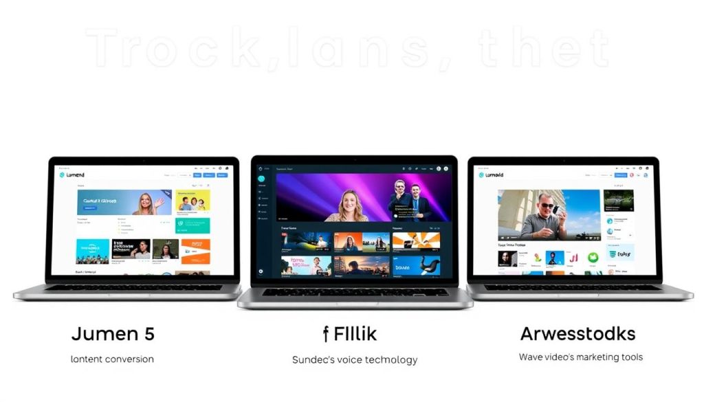 Side-by-side comparison of Lumen5, Fliki, and Wave.video showing different interface approaches
