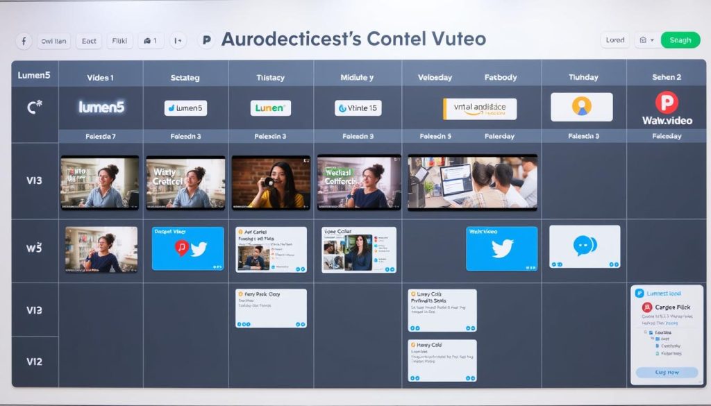 Social media content calendar showing videos created with Lumen5, Fliki and Wave.video across different platforms