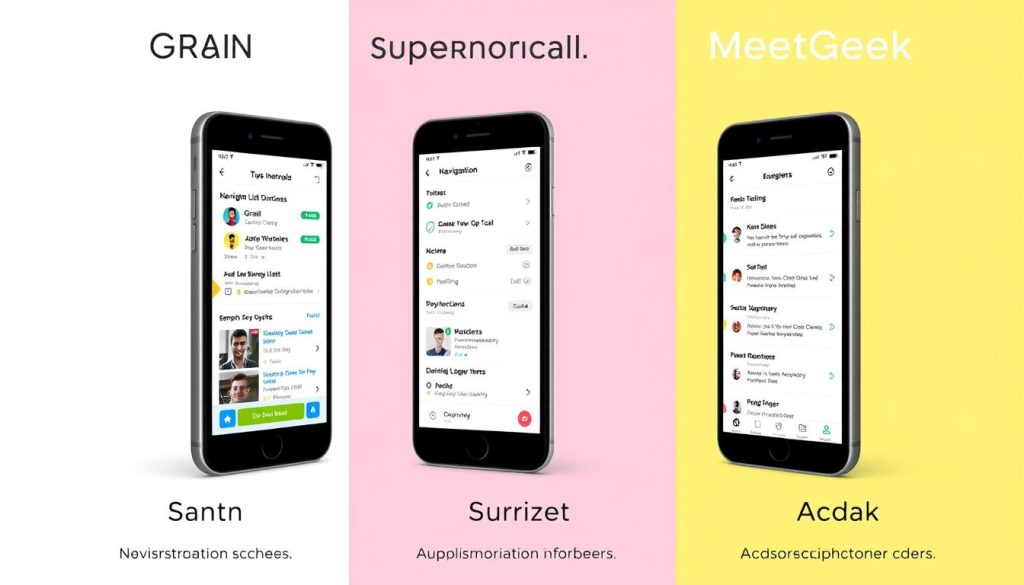 User interface comparison of Grain, Supernormal, and MeetGeek showing key UI elements in AI meeting assistants comparison