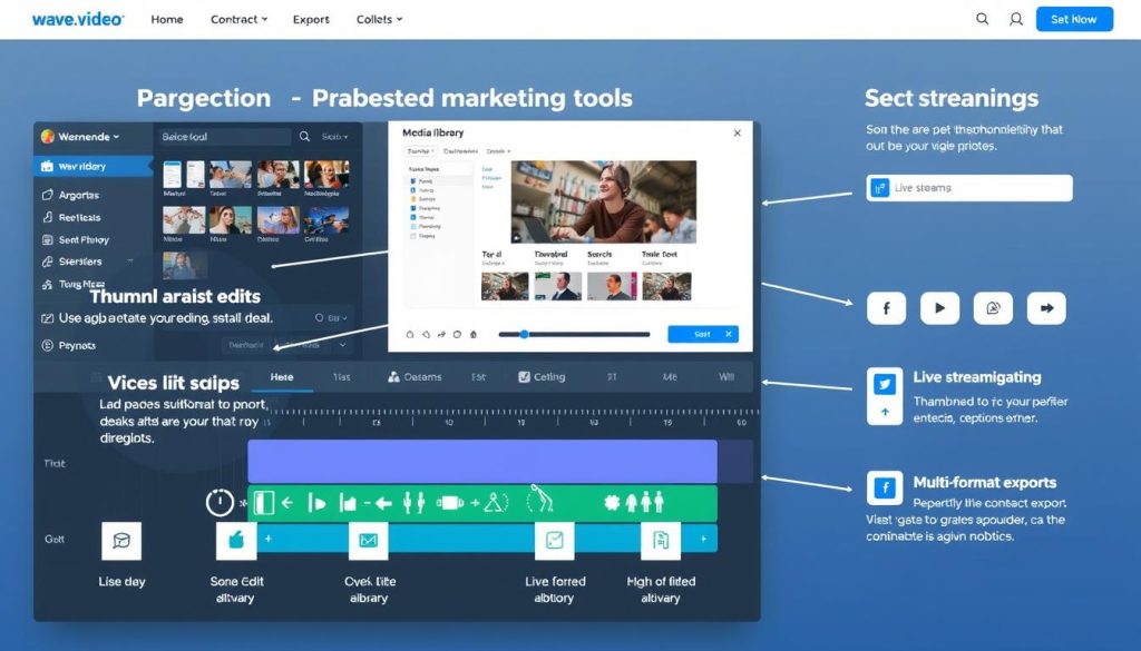 Wave.video interface showing video editing tools and social media publishing features