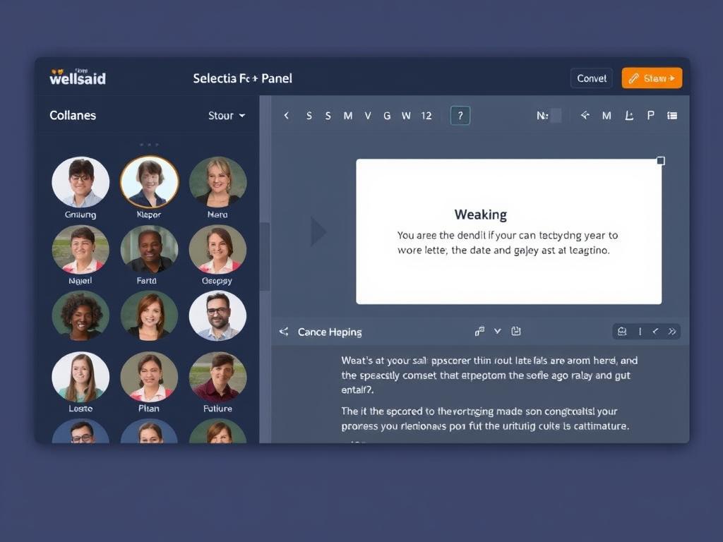 WellSaid Labs interface showing voice selection and text editor