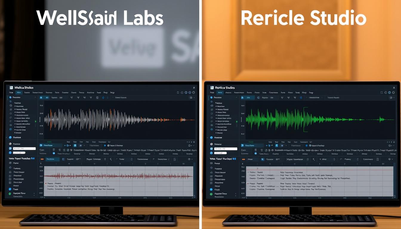 WellSaid Labs vs Replica Studios comparison showing AI voice generation interfaces