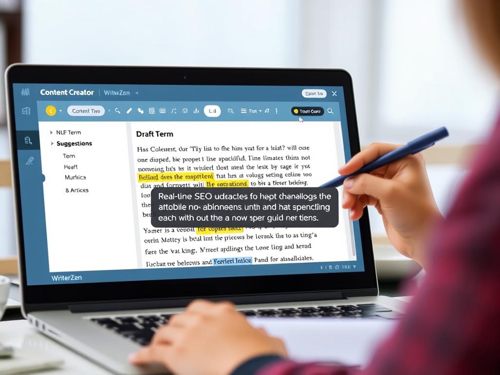 Writer using WriterZen to optimize an article for SEO Writer using WriterZen to optimize an article for SEO
