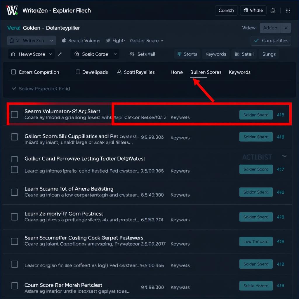 WriterZen Keyword Explorer with Golden Filter feature highlighted WriterZen Keyword Explorer with Golden Filter feature highlighted