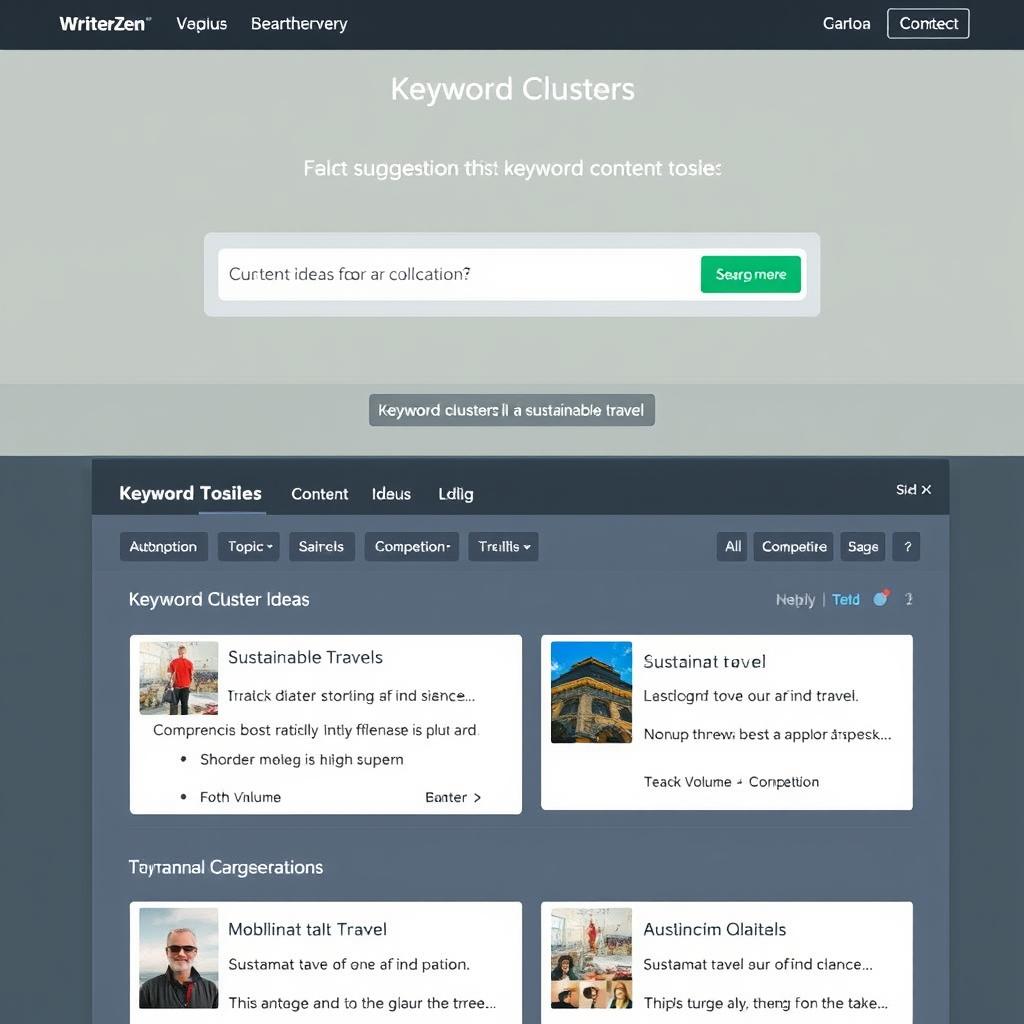 WriterZen Topic Discovery tool interface showing keyword clusters WriterZen Topic Discovery tool interface showing keyword clusters