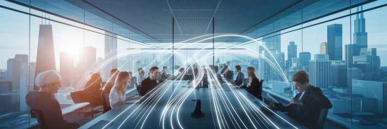 Modern office with light trails connecting devices