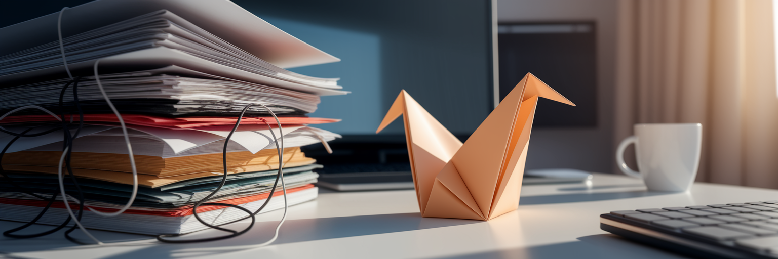Origami bird organizing chaotic desk