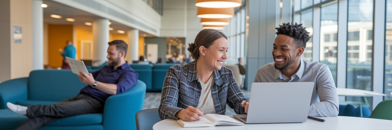 Educators collaborating in a modern lounge.