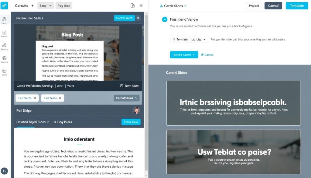 Canva's AI-powered carousel creation interface showing content repurposing from blog to slides
