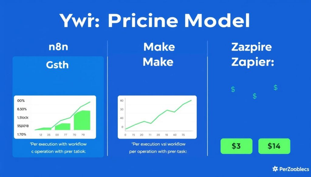Comparison of pricing models between n8n, Make, and Zapier showing cost scaling with workflow complexity