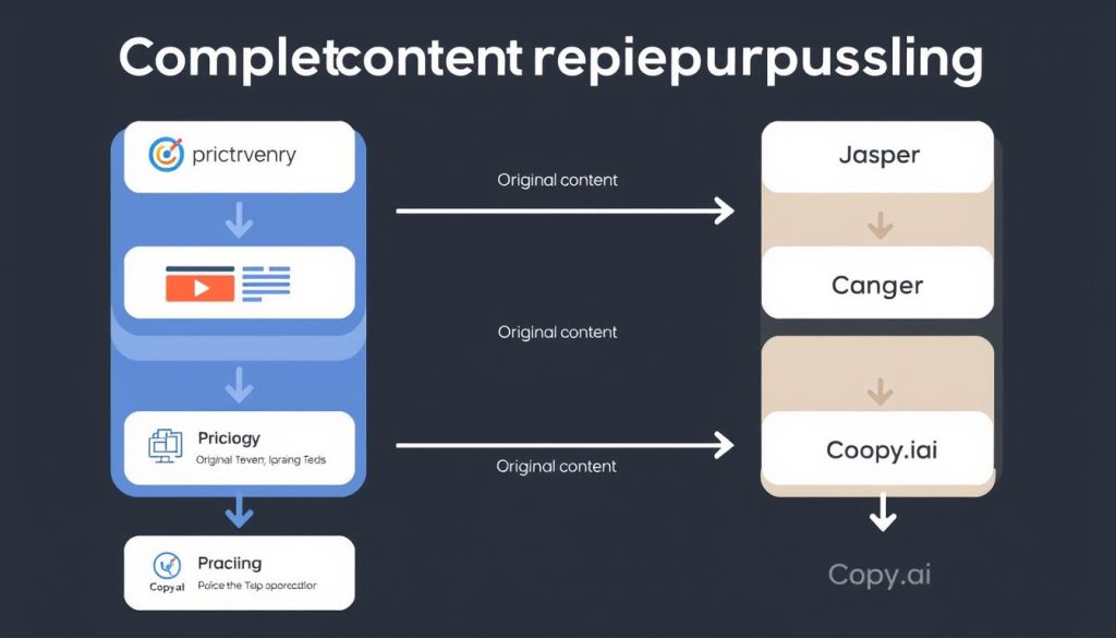 Content repurposing workflow diagram showing how specialized tools connect in an efficient process