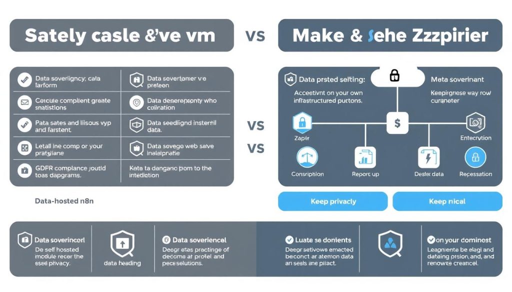 Data privacy comparison between self-hosted n8n and cloud platforms Make and Zapier