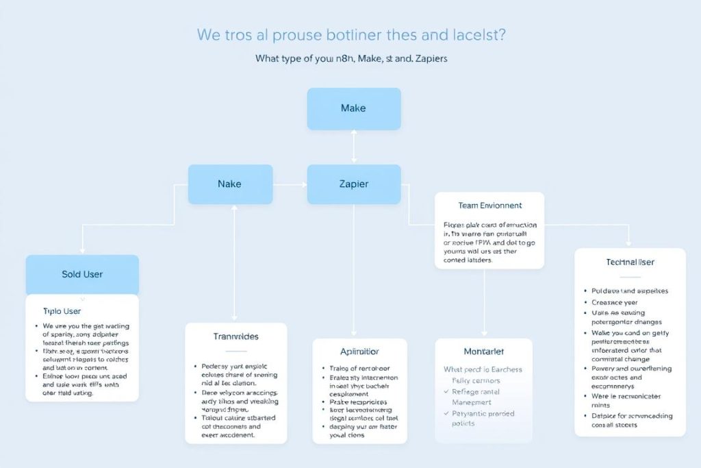 Decision flowchart for choosing between n8n, Make, and Zapier based on user profile