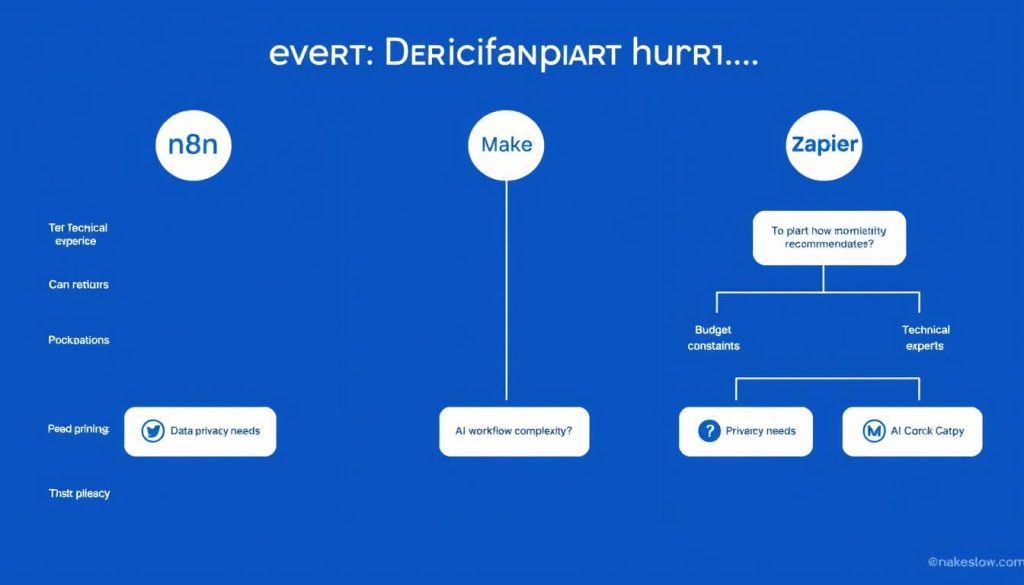 Decision framework flowchart for choosing between n8n, Make, and Zapier based on key factors