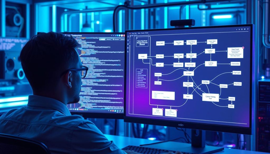 Developer working with complex n8n workflow for AI integration with code visible