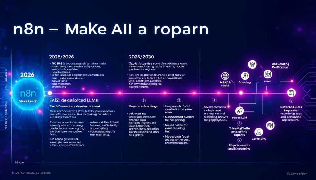 Future evolution of n8n, Make, and Zapier platforms showing AI integration roadmaps to 2030