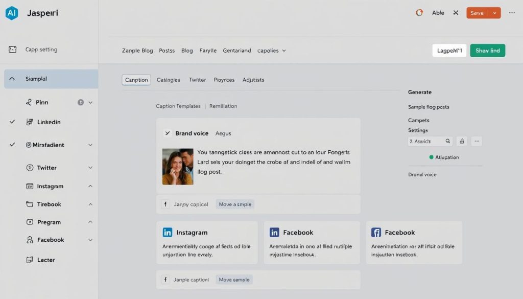 Jasper AI interface showing social media caption generation with multiple platform options