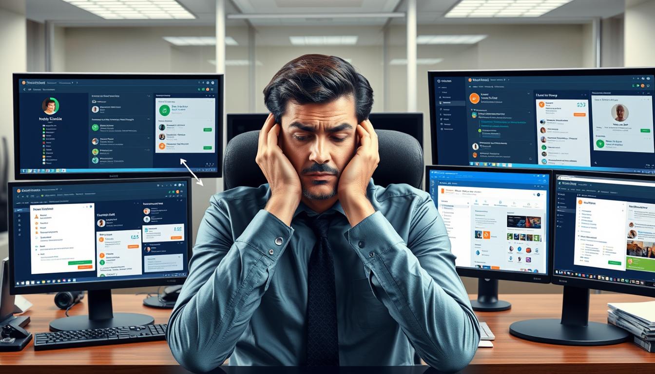 Person overwhelmed with digital tasks comparing Notion AI vs ClickUp AI vs Asana AI interfaces