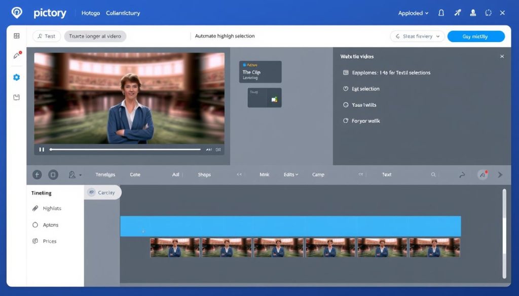 Pictory AI interface showing video clip creation from longer content with automated highlight selection