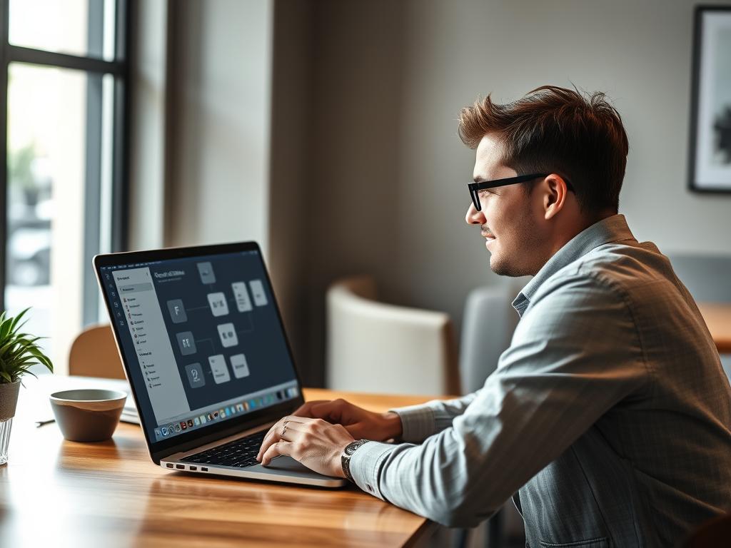 Solo entrepreneur using automation platform on laptop for AI workflows