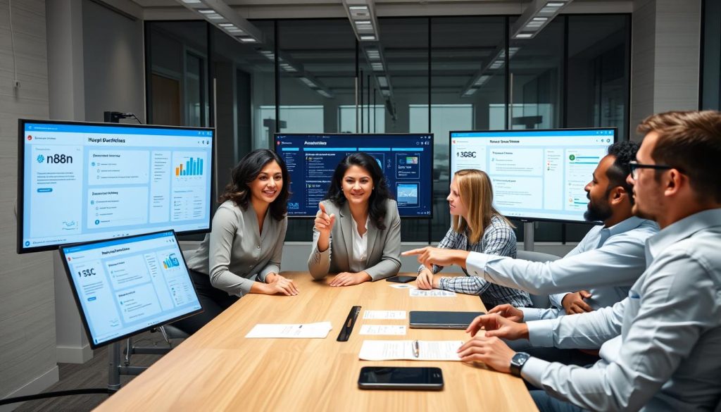 Team collaborating on automation workflows with multiple screens showing n8n vs Make vs Zapier interfaces