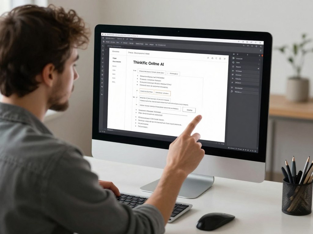 A course creator refining a Thinkific AI generated outline on their computer