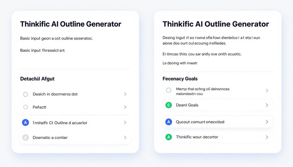 Before and after comparison of a basic input vs detailed input in Thinkific AI Outline Generator