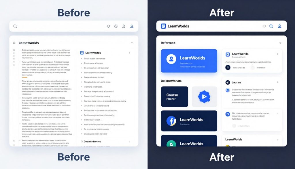Before and after comparison of course content refreshed with LearnWorlds AI