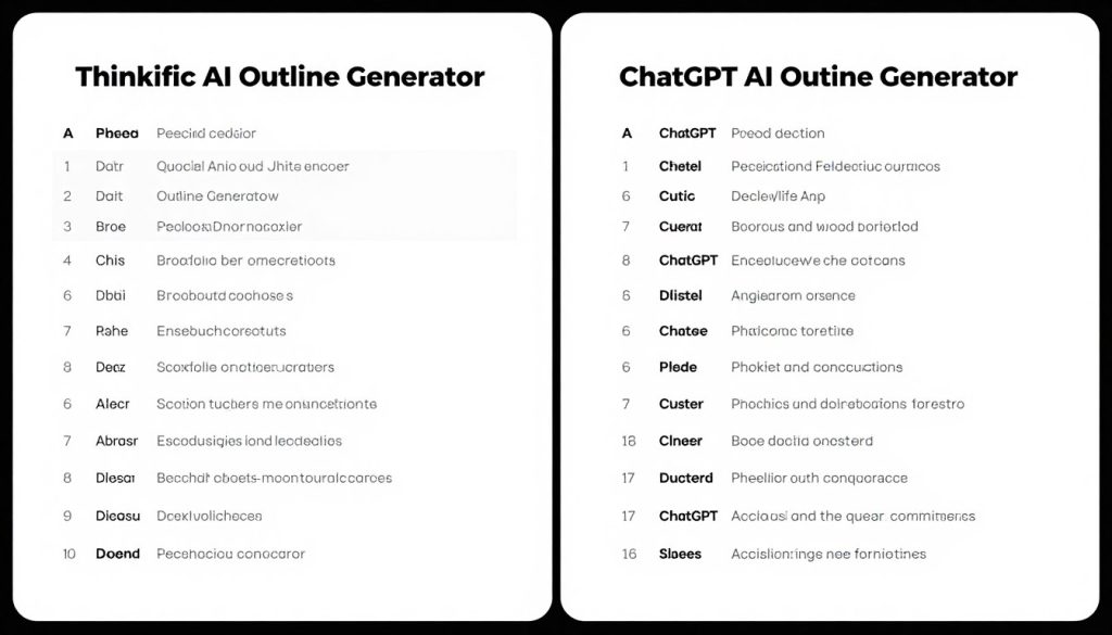 Comparison of outlines generated by Thinkific AI vs ChatGPT for the same course topic