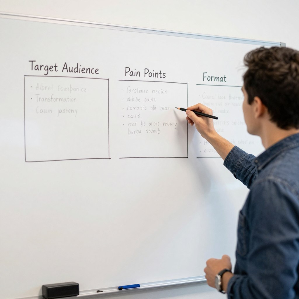 Person brainstorming product concept on whiteboard