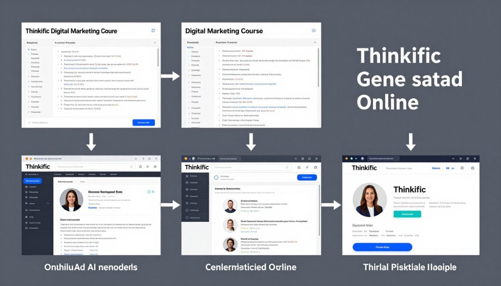 Step-by-step process showing how a generated outline was transformed into a complete Thinkific course