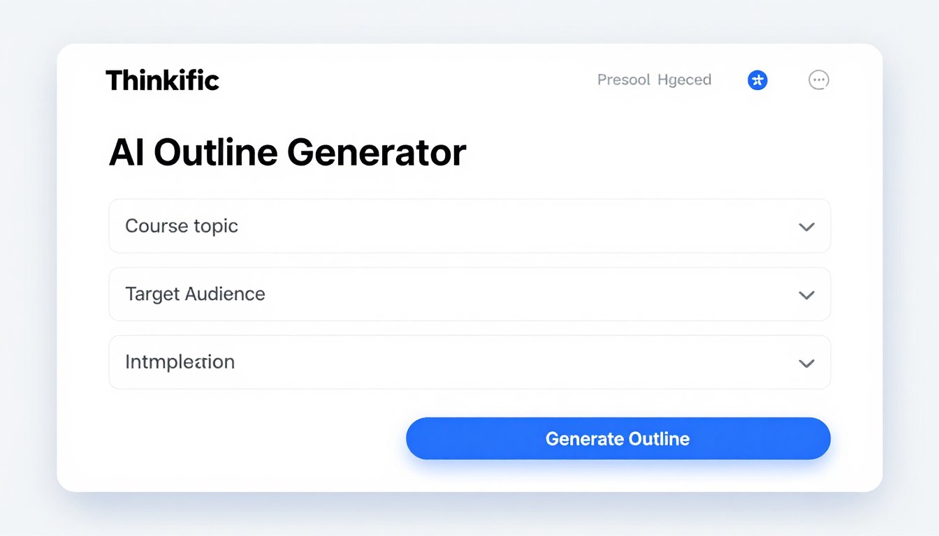 Thinkific AI Outline Generator interface showing input fields for course topic and audience