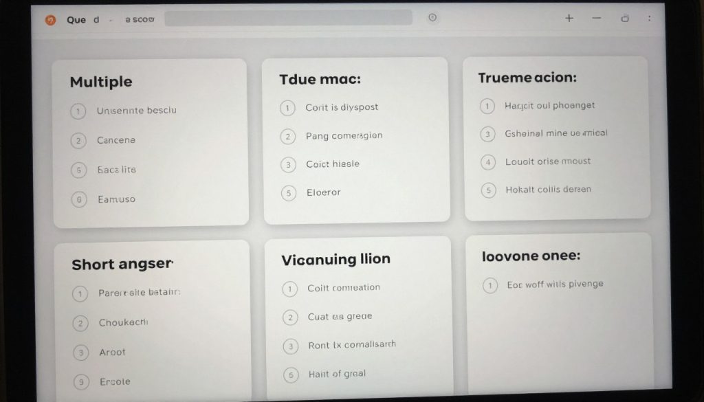 Various quiz and assessment types generated by ChatGPT for an online course