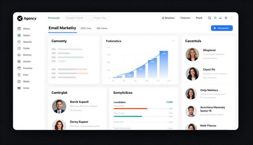Agency-focused email marketing platform showing multi-client management and campaign analytics