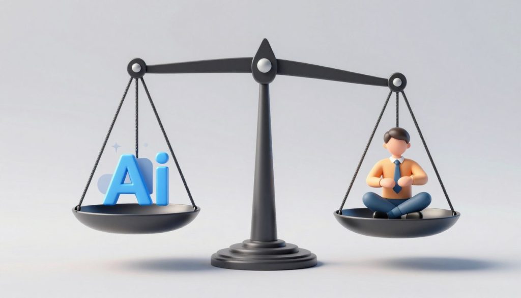 Balance scale showing AI automation on one side and human strategy on the other