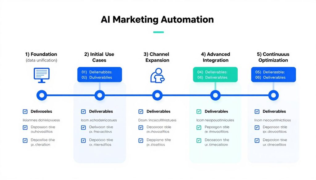 Phased implementation roadmap for AI marketing automation showing progression from foundation to optimization