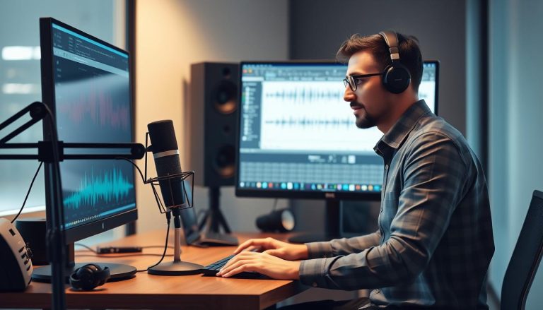 AI voice and TTS tools for content creators showing a person using voice technology on a computer