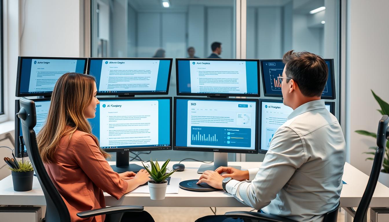Blogger using AI writing tools to create content efficiently