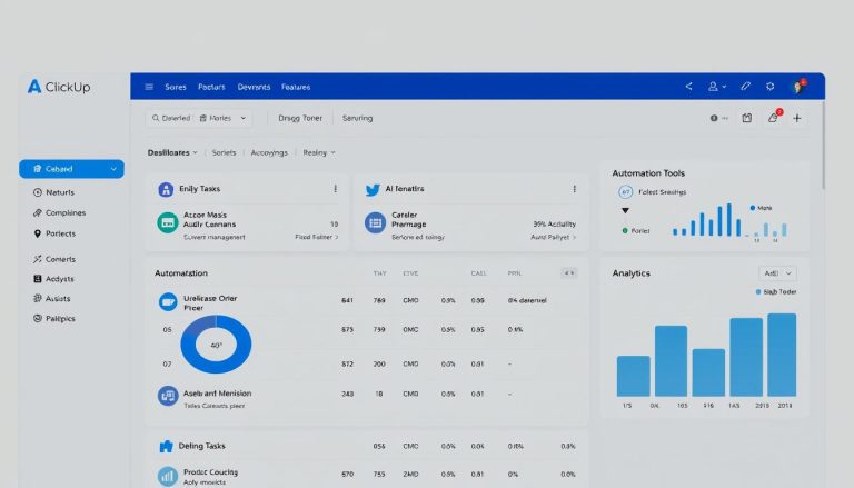 ClickUp dashboard showing project management interface with AI features highlighted
