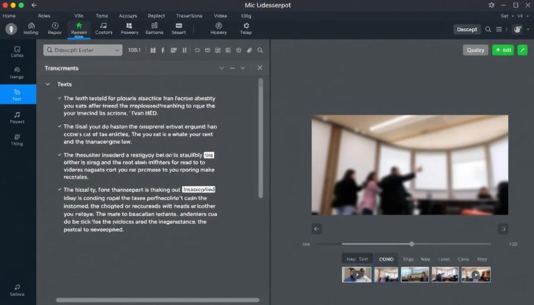 Descript interface showing text-based editing of a video file