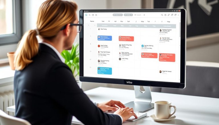 Person scheduling social media posts across multiple platforms using social media scheduling tools