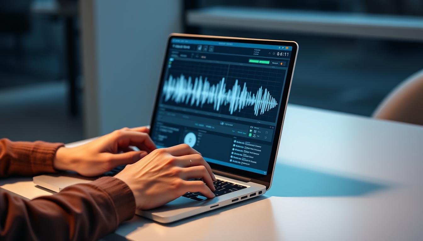Person using AI voice generator on laptop with audio waveforms visible on screen