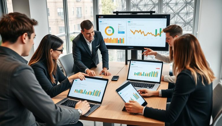 Sales team using CRM software on multiple devices