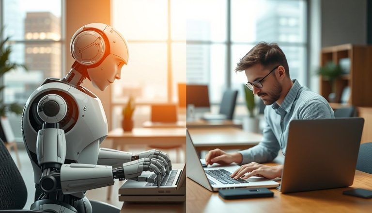 AI vs Human Writers comparison showing a robot typing alongside a human writer