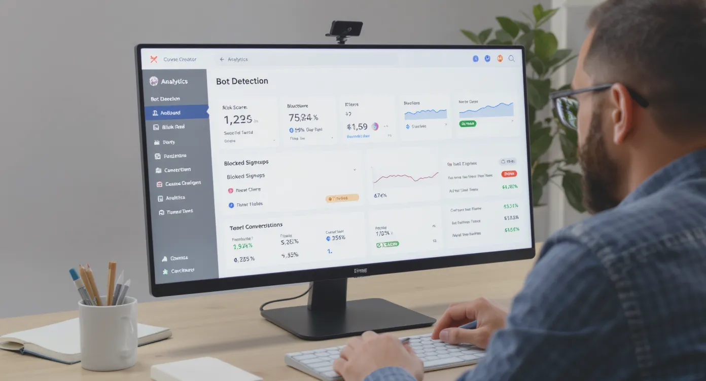 A course creator reviews an analytics dashboard highlighting bot detection metrics such as risk scores, blocked signups, and conversion rates, while sitting at a tidy desk with notebook and coffee.