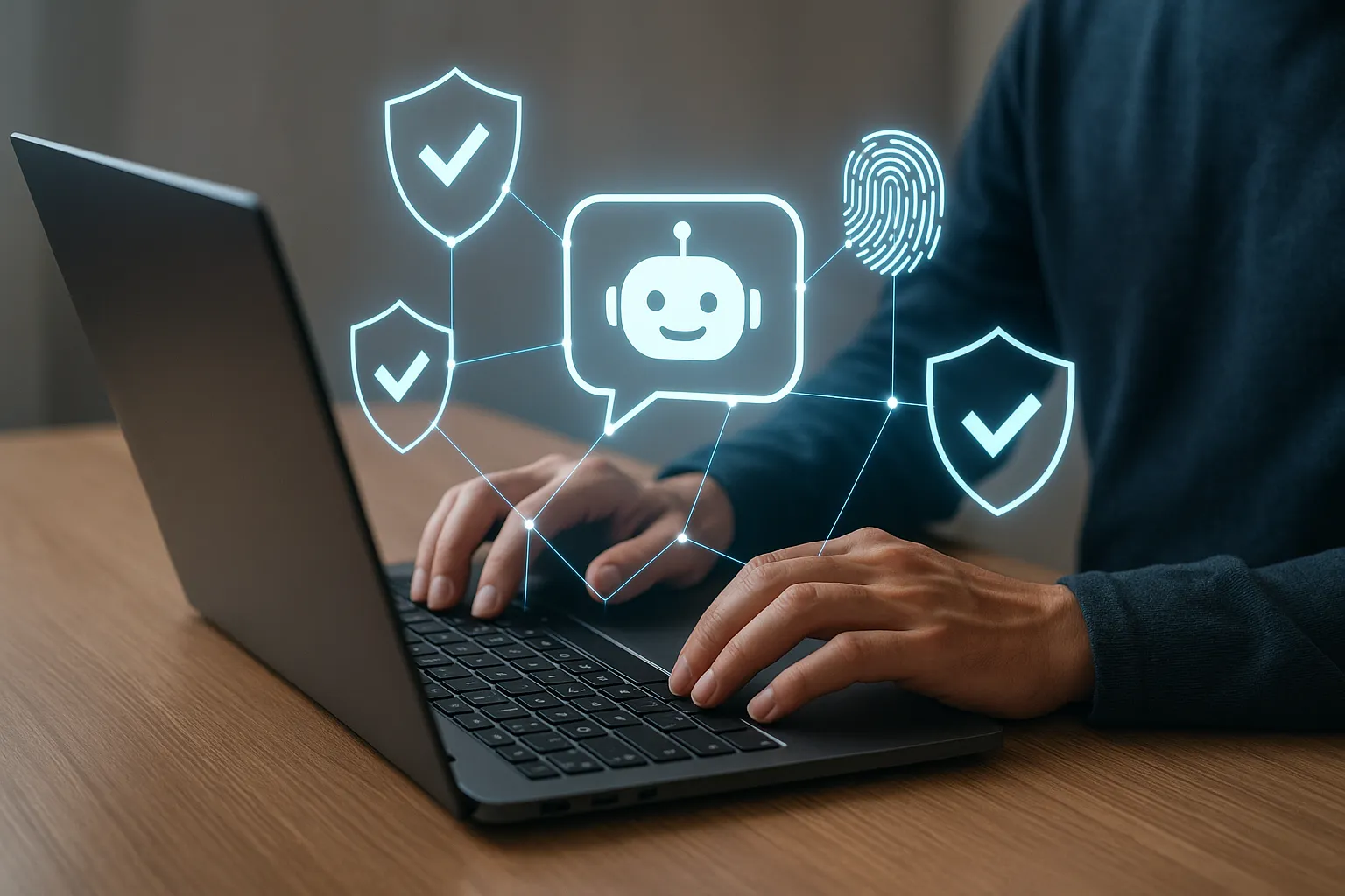 A futuristic concept image showing interconnected shield icons, biometric patterns and a chatbot bubble floating above a laptop, symbolising multi-layered AI protection against bots in e-learning environments.