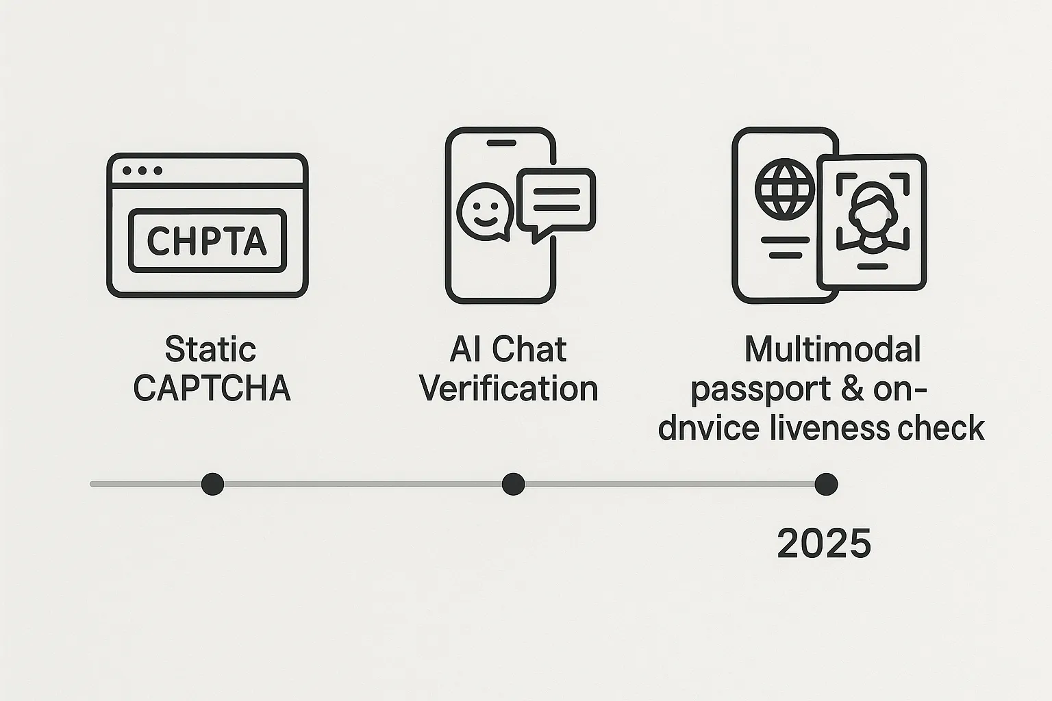 A minimalistic timeline showing the evolution from static CAPTCHA to AI chat verification, highlighting the year 2025 milestone of multimodal passports and on-device liveness checks.